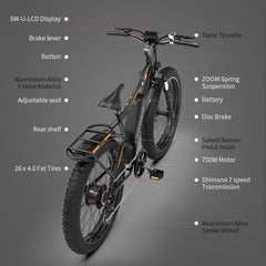 AOSTIRMOTOR  Electric Bike Fat Tire  for Adults with Detachable Rear Rack Fender AOSTIRMOTOR  Electric Bike Fat Tire  for Adults with Detachable Rear Rack Fender