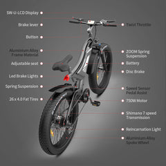 AOSTIRMOTOR Electric Bike Fat Tire for Adults